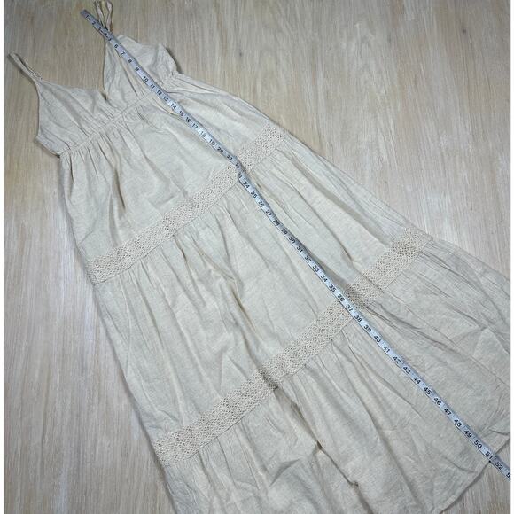 Sim & Sam Beige Linen Blend Crochet Coastal Beach Boho Tiered Midi Dress Small - Picture 11 of 14